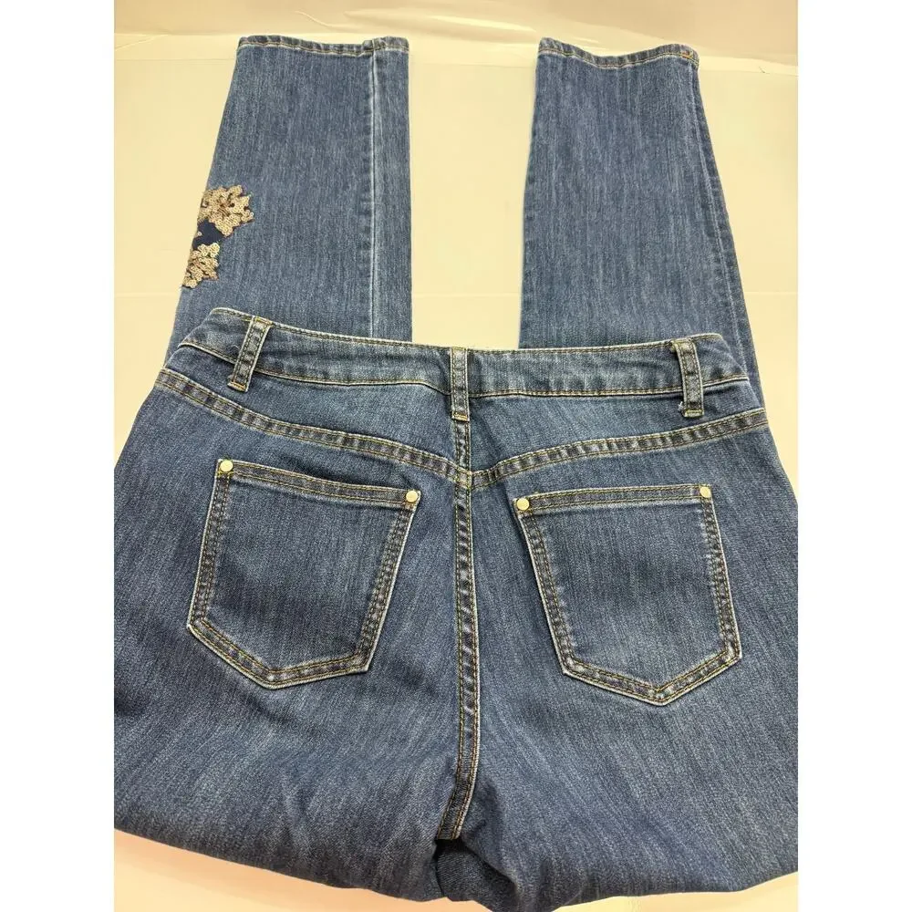 Christopher & Banks Embellished Sequin Floral Jeans Blue Stretch Mid Rise Size 4